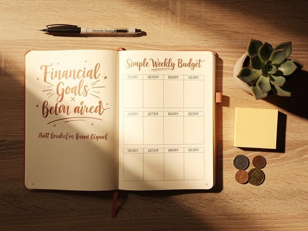 Cuaderno de planificación financiera con notas escritas a mano sobre metas y hábitos