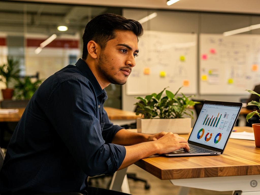 Persona joven reflexionando sobre sus metas financieras en un espacio de trabajo moderno